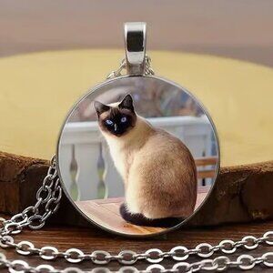 Silver SIAMESE CAT Glass Cabochon Pendant Necklace